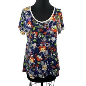 LuLaRoe Blue Multi Skeleton Skull RIP Graphic Scoop Tee Tunic Shirt Halloween M